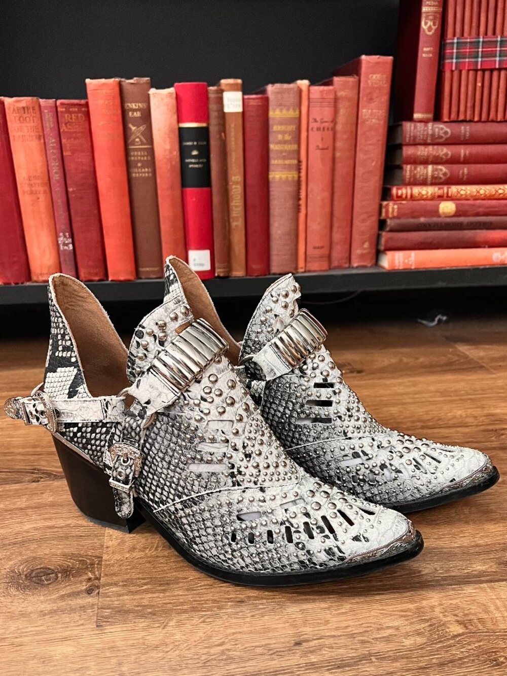 Jeffrey Campbell Silver Snakeskin Studded Slingback Ankle Boots